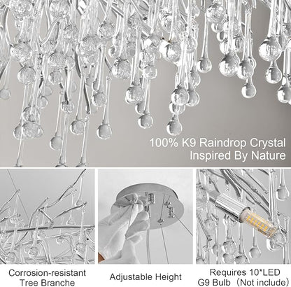Crystal Chandeliers,Round Modern Tree Branch Chandelier,10-Light Farmhouse Raindrop Chandelier Light Fixture for Dining Room, Kitchen Island D31.5