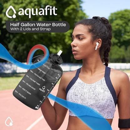 AQUAFIT 64 oz Water Bottle with Time Marker - BPA Free Half Gallon Water Bottle with Straw - Gym Water Bottle with Handle, Gallon Water Jug, Big Water Bottle, Large Water Bottle (Bright Pink, 2 Lids)