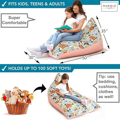 Stuffed Animal Bean Bag Storage - Machine Washable Bean Bag Chair for Kids - Extra Large Cover for Stuffing with Plush Toys, Pillows, Soft Items - Stuffed Animal Holder for Boys & Girls - Boho Floral