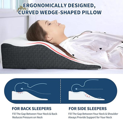 HOMBYS 8" Bed Wedge Pillow for Back & Side Sleepers, Wave-Shaped Design Fit The Neck Curve, Back Support & Neck Elevation Pillow, Slow Rebound Foam Filling Supportive Pillow with Breathable Cover