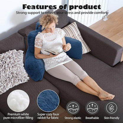 Reading Pillow for Sitting in Bed Adult, Standard Reading Pillow with Memory Foam, Back Pillow for Bed Sitting Up with Extend Arms, Bed Reading Pillow, Blue