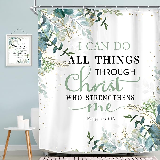 MESHELLY Green Christian Shower Curtain 60Wx72H Inspirational Shower Curtain Rustic Eucalyptus Bible Verses Quotes Bathroom Curtain for Women Scriptures Leaves Bathroom Decor Fabric with 12 Hooks