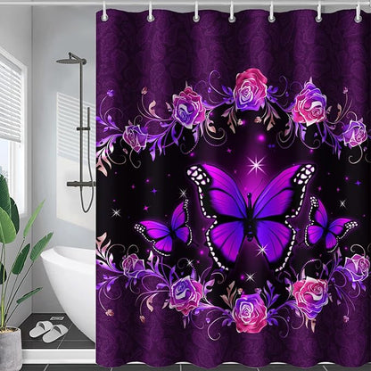 AILONEN Girls Butterfly Shower Curtain for Bathroom, Purple Rose Floral Butterfly Bathroom Curtain,Flying Butterfly Bath Curtain 48" W*72" H Polyester Waterproof Bathroom Curtain with 12 Hooks