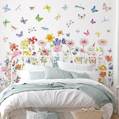 Zonon Flowers Wall Decals Vinyl Dragonflies Flowers Wall Stickers Removable Floral Wall Murals Peel and Stick Colorful Flower Wall Decor for Bedroom Living Room Nursery(Modern)