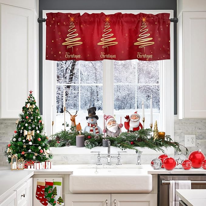 Christmas Tree Kitchen Curtains and Valances Set,Merry Xmas Red Window Treatments Tiers Winter Holiday Decor Semi Sheer Half/Short Curtains for Small Windows Cafe/Living Room/Bedroom 54x24 in,3-Piece