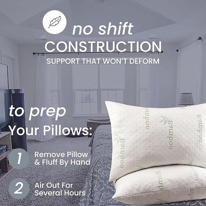 Queen Size Bamboo Pillow for Sleeping with Plush Fiber Fill Pillow Queen Size Set of 2, for Side Back Stomach Sleeper with Adjustable to Soft/Firm, Washable Cover, (Pack of 2)
