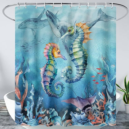 AILONEN Seahorse Shower Curtain for Bathroom,Watercolor Seahorse Bath Curtain,Blue Ocean Animal Whale Coral Fish Shower Curtain Waterproof with 12 Plastic Hooks, 48" W*72" H