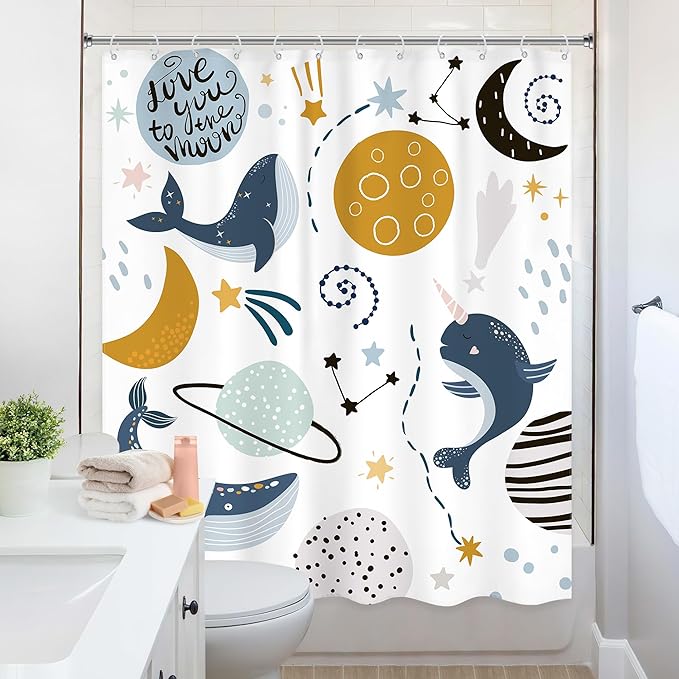 Kids Boys Whale Shower Curtain Space Ocean Cartoon Planet Cute Ocean Sea Animal Universe Galaxy Moon Stars Cool Cosmos Bathroom Set 60Wx72L Inch Bath Curtain Bathtub Accessories Home Decor
