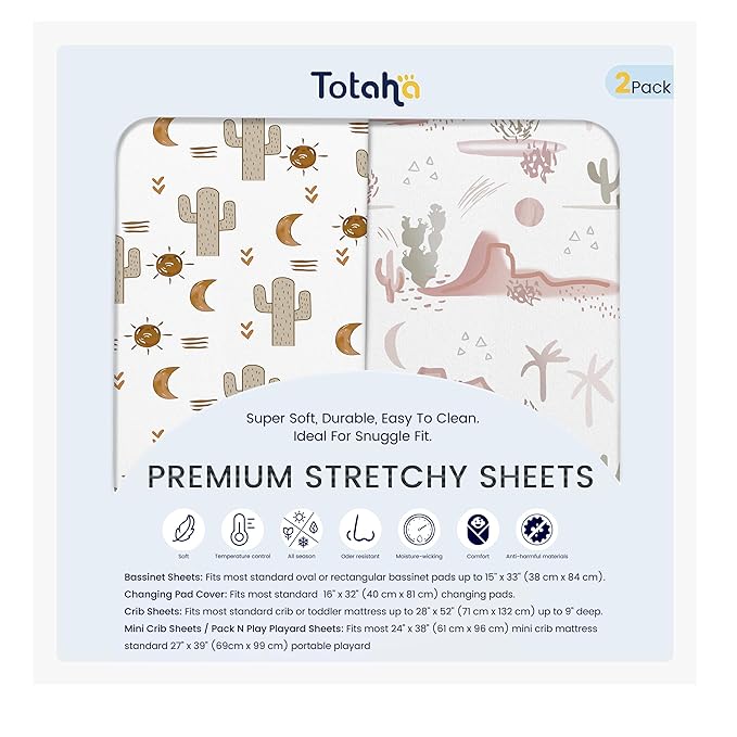 TotAha Cactus Crib Sheets (2-Pack) - Hypoallergenic, Silky Comfort, Buttery Soft, Calming Effect, All-Season Jersey-Knit Sheets, 9'' Extra Deep Pocket Baby Western Crib Sheet