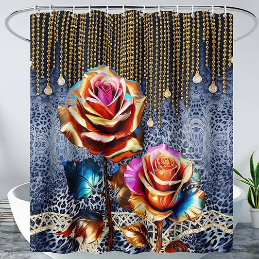 AILONEN Gold Rose Shower Curtain for Bathroom- Romantic Floral Shower Curtain -Polyester Fabric Waterproof Decoration- Plants Blue Black Leopard Flowers Bath Shower Curtains Washable, 36" W x 72" H