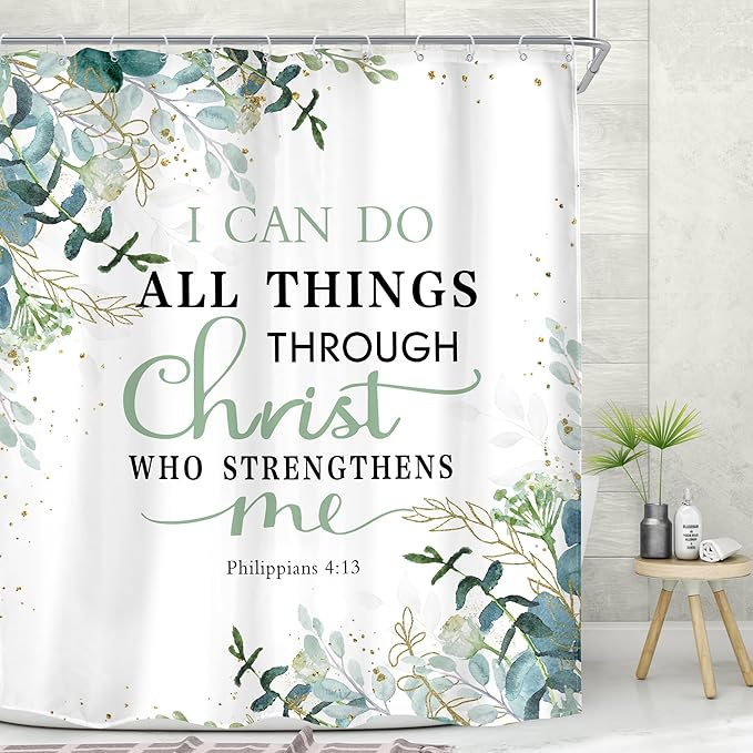MESHELLY Green Christian Shower Curtain 60Wx72H Inspirational Shower Curtain Rustic Eucalyptus Bible Verses Quotes Bathroom Curtain for Women Scriptures Leaves Bathroom Decor Fabric with 12 Hooks