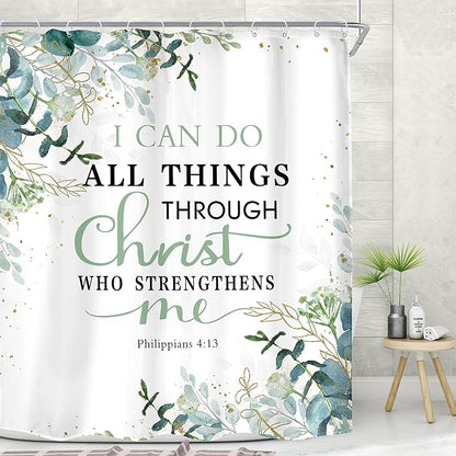 MESHELLY Green Christian Shower Curtain 60Wx72H Inspirational Shower Curtain Rustic Eucalyptus Bible Verses Quotes Bathroom Curtain for Women Scriptures Leaves Bathroom Decor Fabric with 12 Hooks