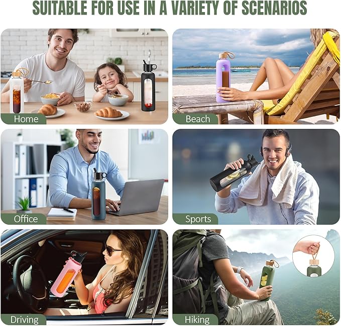 24oz Glass Water Bottle With 2 Lids-Flip Straw Lid, Bamboo Lid, Glass Water Bottle With Silicone Sleeve, Motivational Time Marker, Glass Juice Bottle for Cold Drink,Plive