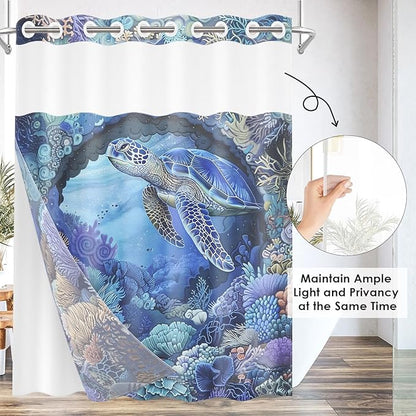 Turtle Navy Blue No Hook Shower Curtain with Snap in Liner, Sea Shells Coral Bath Curtain with Double Layers Waterproof Fabric and Mesh Top Window 71x74 Inch