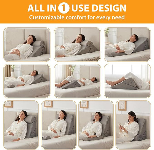 3PCS Orthopedic Bed Wedge Pillow Set for Sleeping, Wedge Pillow for Back Pain Relief, 10-in-1 Adjustable Bed Wedge Pillow Post Surgery, Triangle Pillow for Acid Reflux Snoring Gerd, Grey