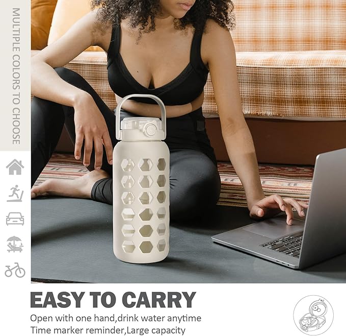 MUKOKO 56oz Glass Water Bottles with Straw and Lid,Motivational Water Jug with Time Marker Reminder and Silicone Sleeve,100% Leakproof BPA Free Fitness Sports Large Bottle-White