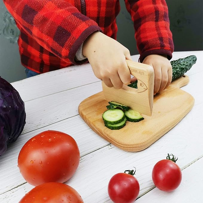 Wooden Kids Knife for Cooking and Safe Cutting Veggies Fruits, Cute Fish Shape Kids Kitchen Tools, Perfect Gifts for kids, 2-5 Years Old Applicable