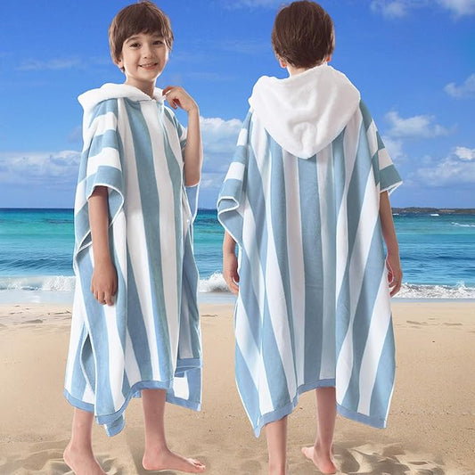 VOOVA & MOVAS Oversized Hooded Beach Towels for Teens (8-16Years), 100% Cotton Thick Absorbent Poncho Towel Robe, Perfect for Pool, Beach, Bathroom, Blue Cabana Stripe Design