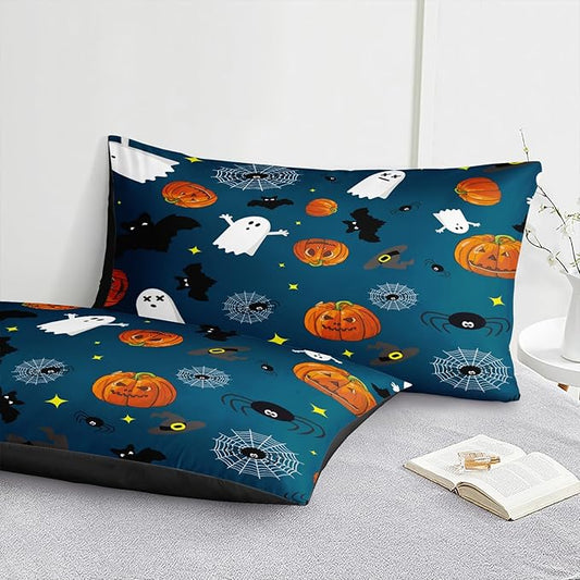 Bedbay Halloween Comforter Set Queen Size Halloween Bedding Set Full Cute Ghost Pumpkin Printed Blue Halloween Bedding 4-Piece with 1 Cushion Cover (Blue,Queen)
