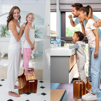 Wood Step Stool for Kids and Toddlers, Natural Acacia Solid Wood, Portable 2 Handles, Wider 2 Steps, Safe Non-Slip Bottom, Rounded Corners, Supports up to 300 lbs, Perfect for Children (Natural)