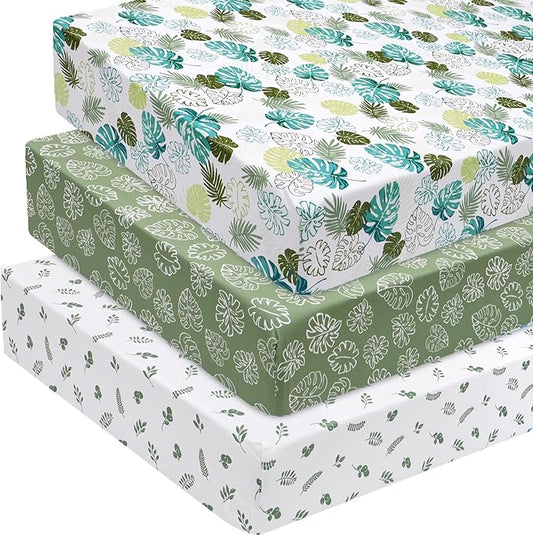 3 Pack Fitted Crib Sheets, Ultra Soft Breathable Comfortable Baby Sheet Set for Boys Girls Neutral, 28x52 Inch Fits Standard Crib and Toddler Mattresses, Leaf