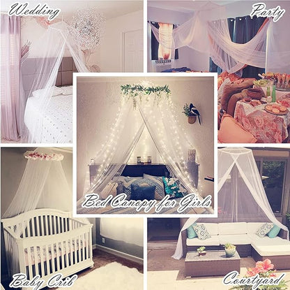 Eimilaly Bed Canopy Mosquito Net with 250pcs Warm White Curtain Lights, Bed Canopy for Girls Room Decor or Theme Party, Pink/Warm White Lights