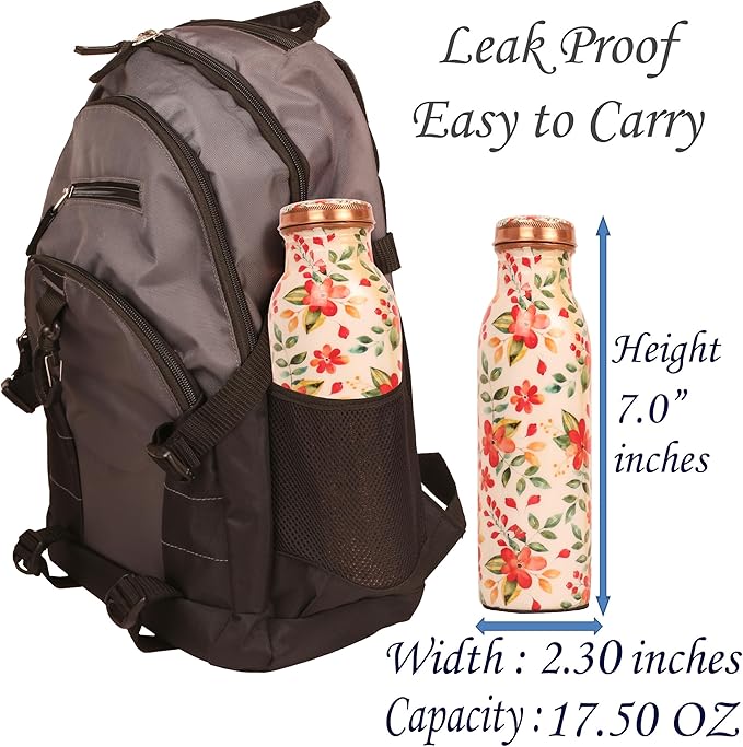 Pure Copper Water Bottle - Handcrafted - Ayurveda health benefits - Large 17.50 oz - Leak proof - Easy to carry for Sports, Fitness, Yoga, School - White Base Floral Vintage Colors Enamel