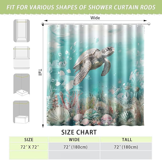 Sea Turtle Shower Curtain for Bathroom Ocean Beach Shower Curtain Set with 12 Hooks (Sea Turtle, 72" x 72")