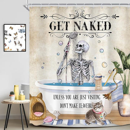 Funny Skull Skeleton Shower Curtain 60Wx72L Inch Gothic Spooky Cute Cat Cool Unique Bone in Bathtub Retro Horror Scary Bathroom Set Halloween Plant Bath Curtain Bathtub Accessories Home Decor