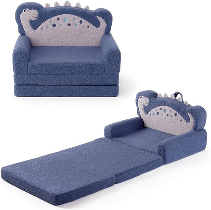 Blissful Diary Kids Couch, 2-in-1 Soft Toddler Couch Fold Out, Toddler Chair Comfy, Convertible Sofa to Lounger with Cute Dinosaur Designs, Blue