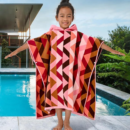 VOOVA & MOVAS Kids Towels Poncho with Hood (4-8Years) - Thick 500GSM,Soft, Absorbent, 100% Cotton Swim Towel, Perfect for Bathroom | Pool | Swim, Jacquard,Red
