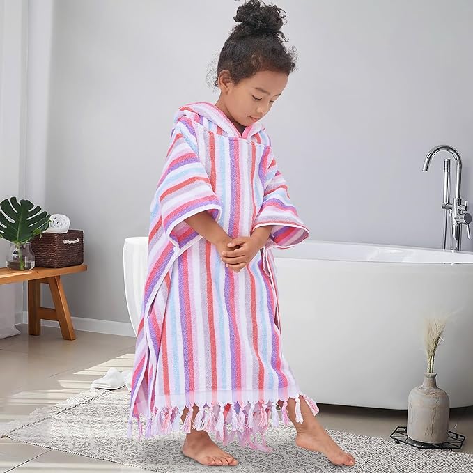 Hooded Bath Towel Poncho (4-8Years) - Soft, Absorbent Premium Turkish Cotton Thick Swim Towel Robe with Hood for Kids, Perfect for Bathroom | Pool | Swimming, Jacquard, Color Stripe with Tassels