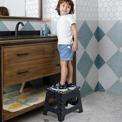 Folding Step Stool with Safety Lock, 11 Inch Pastic Foldable Stool for Adults & Kids, Portable Stepping Stool for Bathroom, Kitchen, with Anti-Skid Dots, Hold Up to 250lbs (Black, 11 Inch)