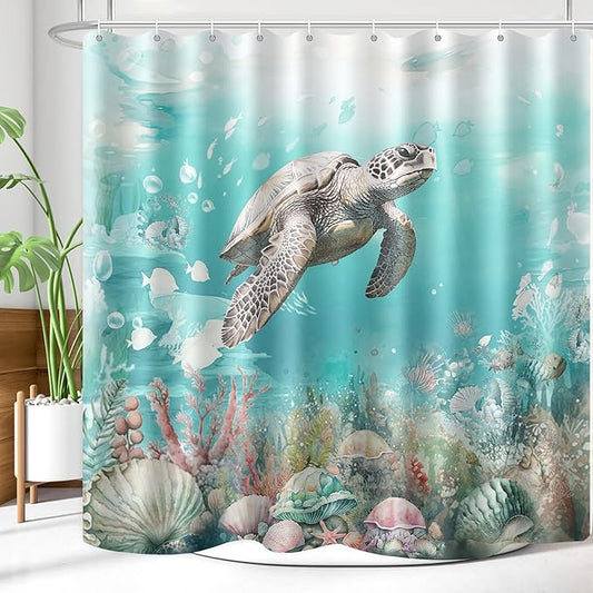 Sea Turtle Shower Curtain for Bathroom Ocean Beach Shower Curtain Set with 12 Hooks (Sea Turtle, 72" x 72")