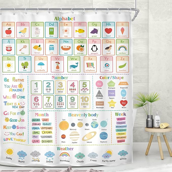 MESHELLY Kids Alphabet ABC Shower Curtain 60Wx72H Educational Funny Cartoon Cute Number Shape Baby Nursery Bathroom Curtain Colorful Bath Curtain Cloth Fabric Bathroom Accessories Decor with 12 Hooks