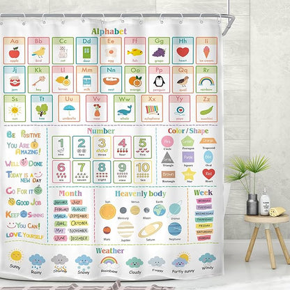 MESHELLY Kids Alphabet ABC Shower Curtain 60Wx72H Educational Funny Cartoon Cute Number Shape Baby Nursery Bathroom Curtain Colorful Bath Curtain Cloth Fabric Bathroom Accessories Decor with 12 Hooks