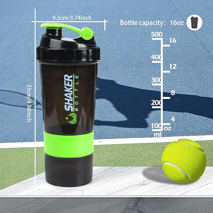 Shaker Bottle - Protein Shaker Cup with Storage Compartments - Leak-proof Workout Shake Bottles with Mixer for Smooth Mixing-500ML/16oz (GREEN & BLACK)