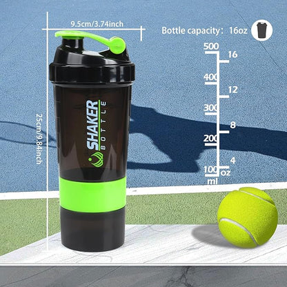 Shaker Bottle - Protein Shaker Cup with Storage Compartments - Leak-proof Workout Shake Bottles with Mixer for Smooth Mixing-500ML/16oz (GREEN & BLACK)