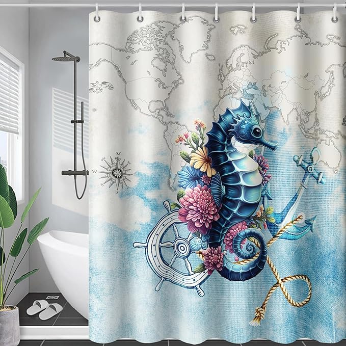 AILONEN Seahorse Shower Curtain for Bathroom,Nautical Coast Retro Map Ocean Bath Curtain 72" W*72" H,Blue Sea Animal Print Decorative Waterproof Curtain with 12 Plastic Hooks