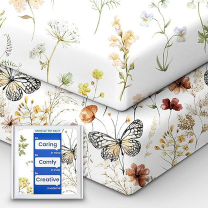Crib Sheets for Boy Girl, Premium Soft Butterfly Crib Mattress Fitted Sheet, Ultra Breathable Baby Sheets, Super Stretchy Baby Bed Sheets 28''x52''x9'' Extra Deep Pocket, 2 Pack