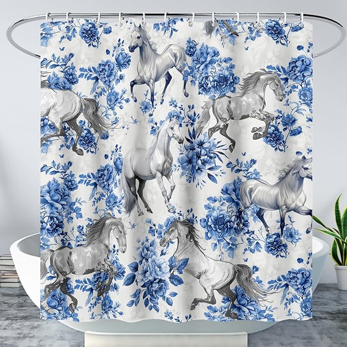 AILONEN Blue Floral Horse Shower Curtain,Farm Animal Printed Galloping Horse Bath Curtain,Minimalist Flower Girls Women Bathroom Curtain Decor, 72" W x 96" H