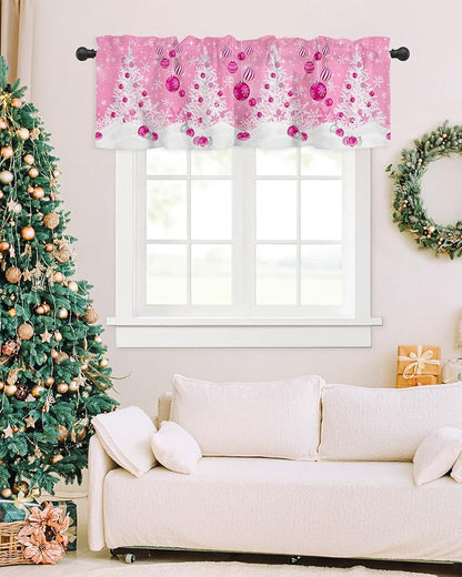 Pink Christmas Valance Curtains for Kitchen Windows White Xmas Tree Snowflakes Pink Balls Rod Pocket Window Treatment Toppers for Kitchen/Living Room/Bedroom/Bathroom, 42" X 12", Winter