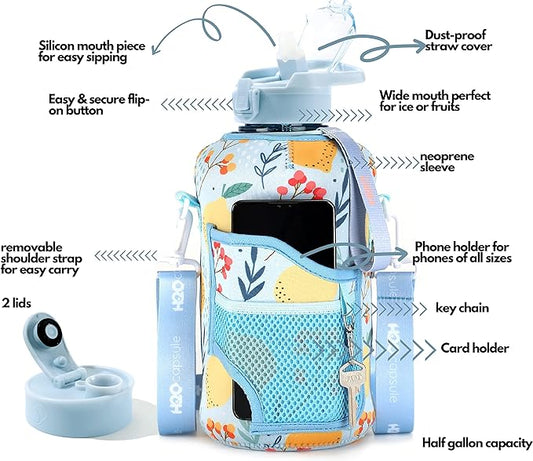 H2O Capsule 2.2L Half Gallon Water Bottle with Storage Sleeve and Removable Straw – BPA Free Large Reusable Drink Container with Handle - Big Sports Jug, 2.2 Liter (74 Ounce), Lemon Drop
