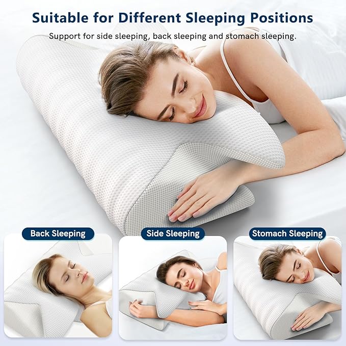 Cervical Neck Pillow for Pain Relief, Adjustable Ergonomic Memory Foam Pillow for Neck and Shoulder Pain, Orthopedic Contour Support Pillows for Side Back & Stomach Sleepers, White-1