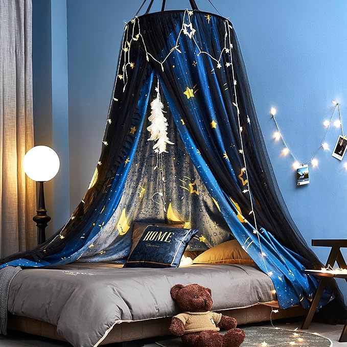 Kertnic Gorgeous Star Printed Bed Canopy for Girls & Adults, Room Decorative Cozy Bed Curtain Canopy Drapes, Round Dome Luxurious Lace Princess Canopies Mosquito Netting (Star)