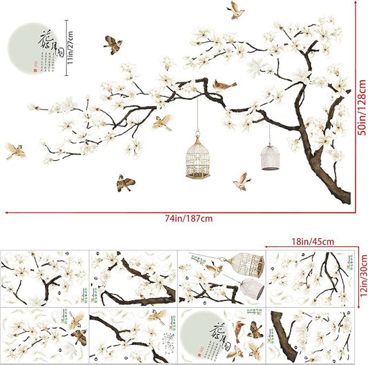 Chinese Style White Flowers Black Tree and Flying Birds Wall Stickers Removable DIY Wall Art Decor Decals Murals for Offices Home Walls Bedroom Study Room Wall Decaoration, 50inchx74inch