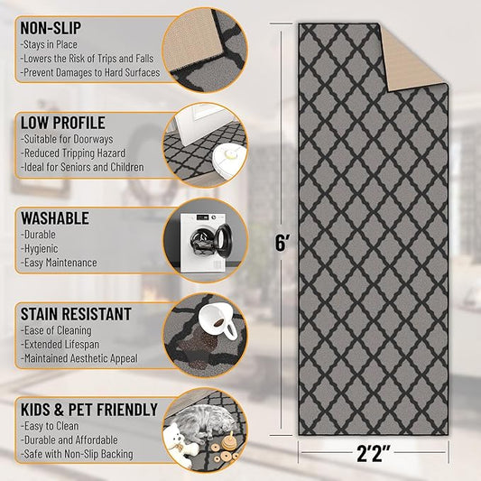 Ottomanson Glamour Collection Non-Slip Rubberback Moroccan Trellis Design 2x6 Indoor Runner Rug, 2'2" x 6', Dark Gray