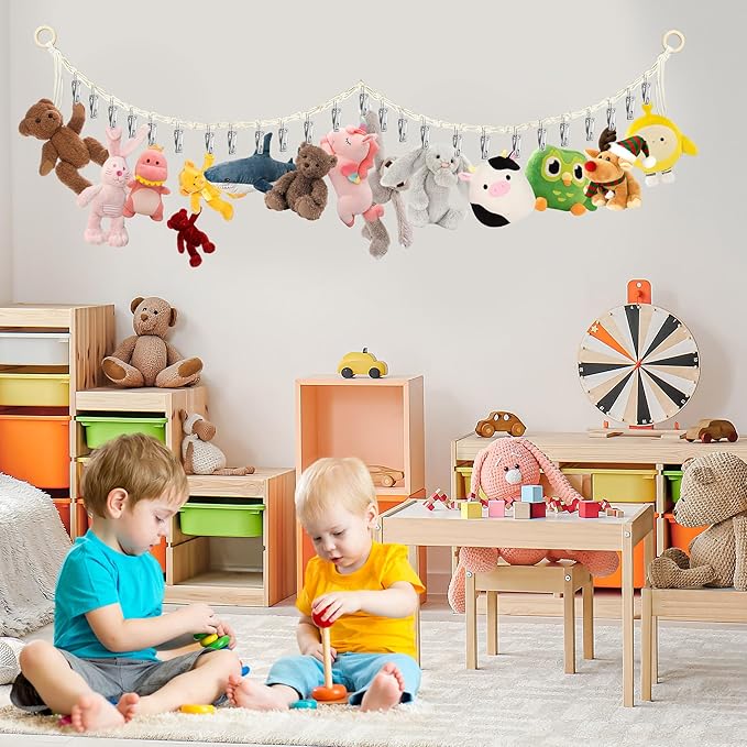 Stuffed Animal Storage Hammock Corner - Hanging Stuffed Animal Holder with 20 PCS Metal Clips, Boho Stuffed Animal Organizer Chain for Hanging Hats Socks Holiday Cards (1pc Beige)