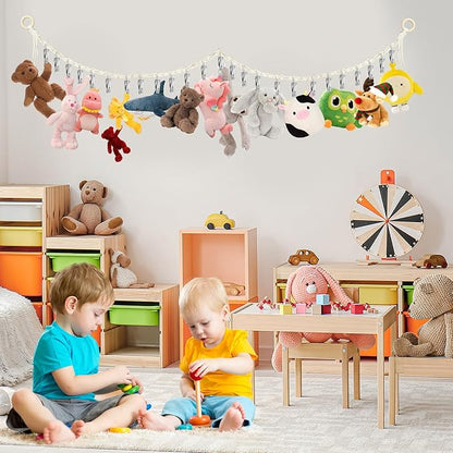 Stuffed Animal Storage Hammock Corner - Hanging Stuffed Animal Holder with 20 PCS Metal Clips, Boho Stuffed Animal Organizer Chain for Hanging Hats Socks Holiday Cards (1pc Beige)