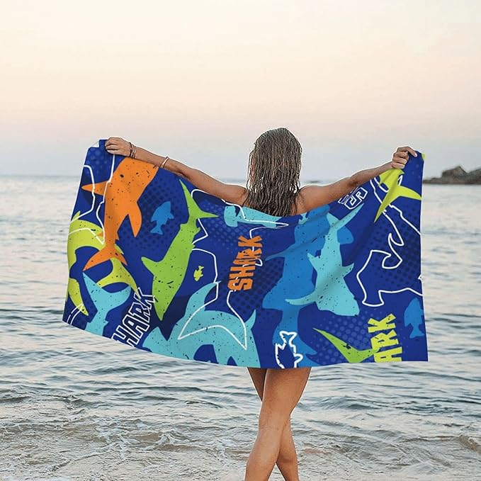 Microfiber Beach Towel, Colorful Sharks Beach Towels for Women Men, Extra Large 29.5” X 59”, Quick Drying Lightweight Sand Free Bath Swim Towel